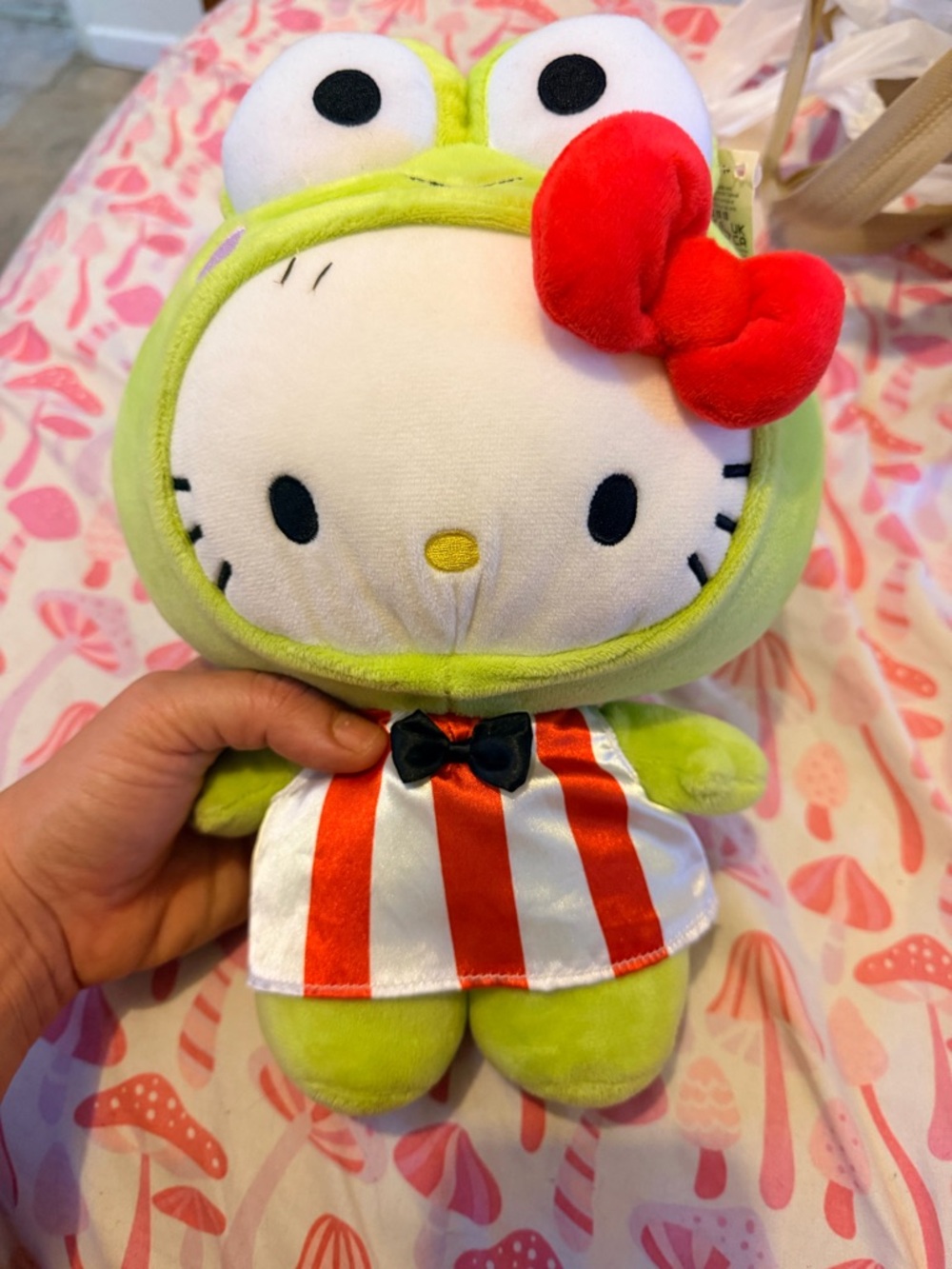 Gund Hello Kitty Plush in Green Frog Outfit with Red Bow
